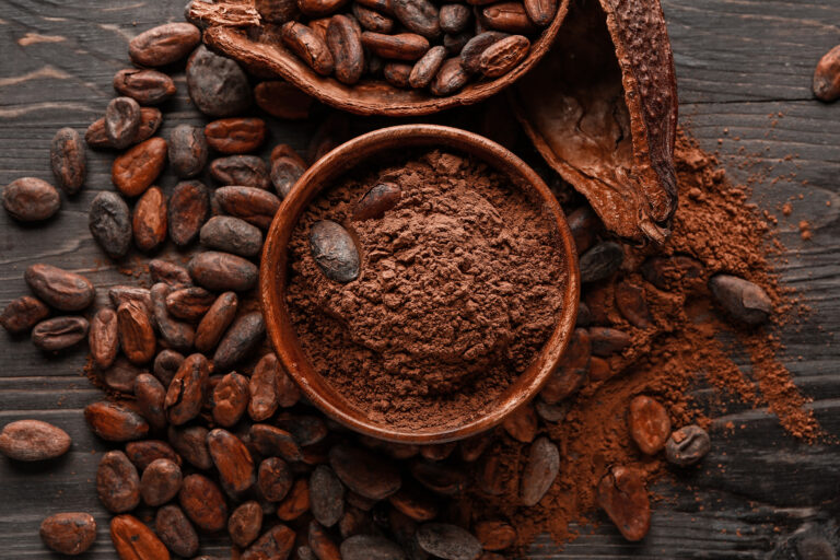 Bowl with cocoa beans on wooden background
